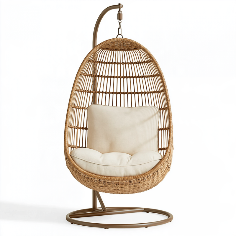 Hängesessel 105 x 105 x 195 cm aus Geflecht und Metall in Naturbraun Creme mit Standgestell