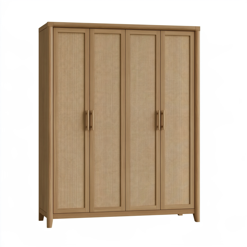 Kleiderschrank 160 x 50 x 200 cm Holz Naturbraun mit Rattanoptik im Retro-Stil