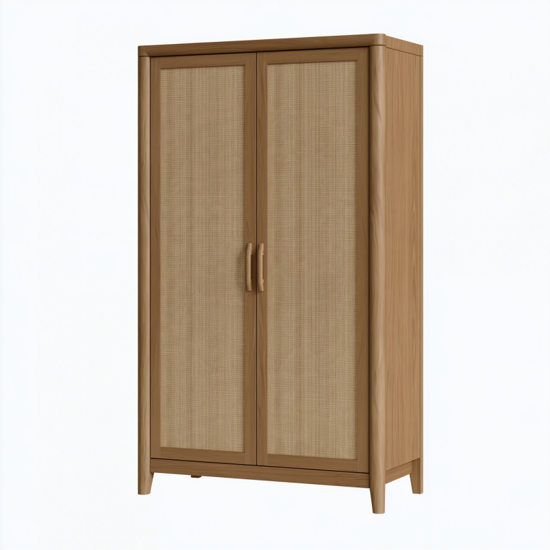 Kleiderschrank 90 x 45 x 180 cm aus Holz in Naturbraun mit Rattanfront - Zweitüriger Stauraumschrank im Naturstil