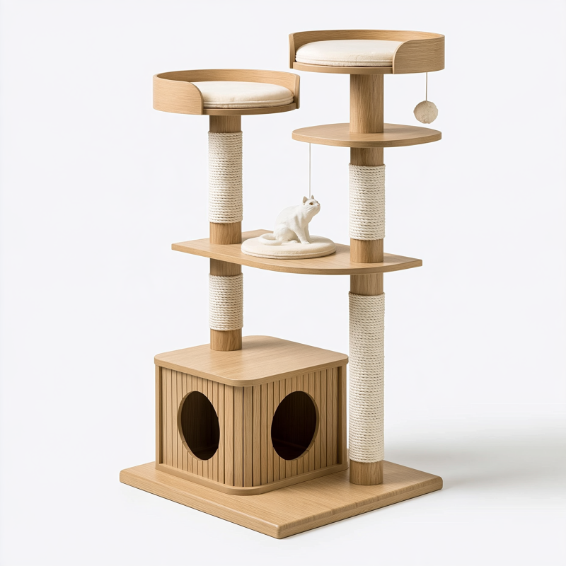 Kratzbaum 60 x 60 x 150 cm aus Holz Sisal in Naturholz Beige mit Katzenhöhle Liegeflächen und Spielzeug