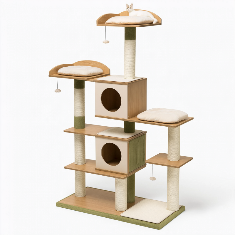 Katzenbaum 120 x 60 x 180 cm Holz Beige Grün mit Sisal Kratzsäulen und Liegeflächen