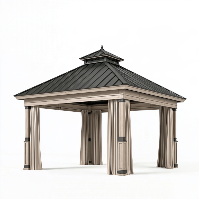 Gartenpavillon 400 x 400 cm Metall Beige Anthrazit mit Vorhängen im klassischen Stil