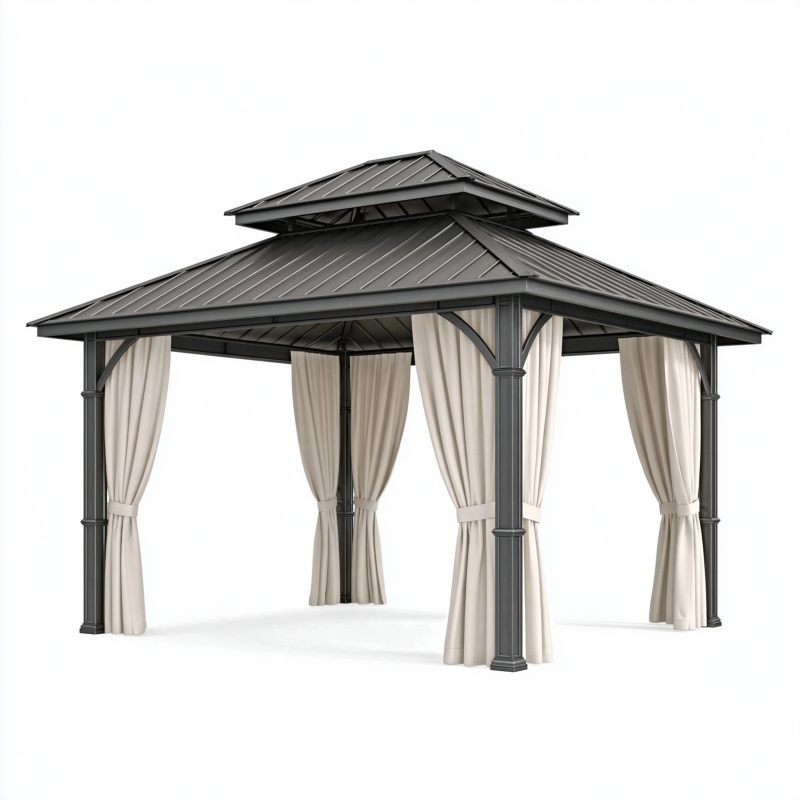 Gartenpavillon 300 x 300 x 300 cm aus Stahl in Anthrazit mit Vorhängen und Doppeldach