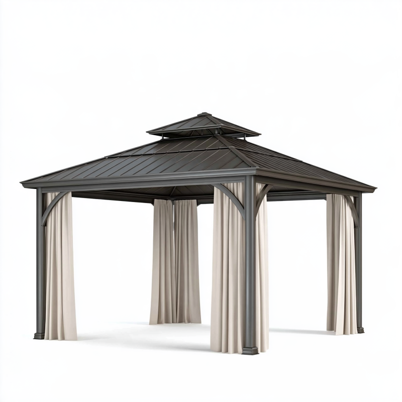 Gartenpavillon 300 x 300 x 290 cm Metall Grau mit Vorhängen