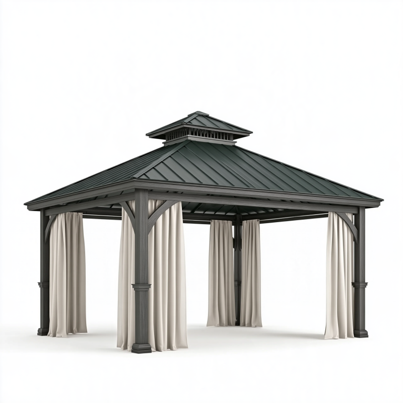Metallpavillon 300 x 300 cm Anthrazit mit Vorhängen Gartenpavillon mit Walmdach